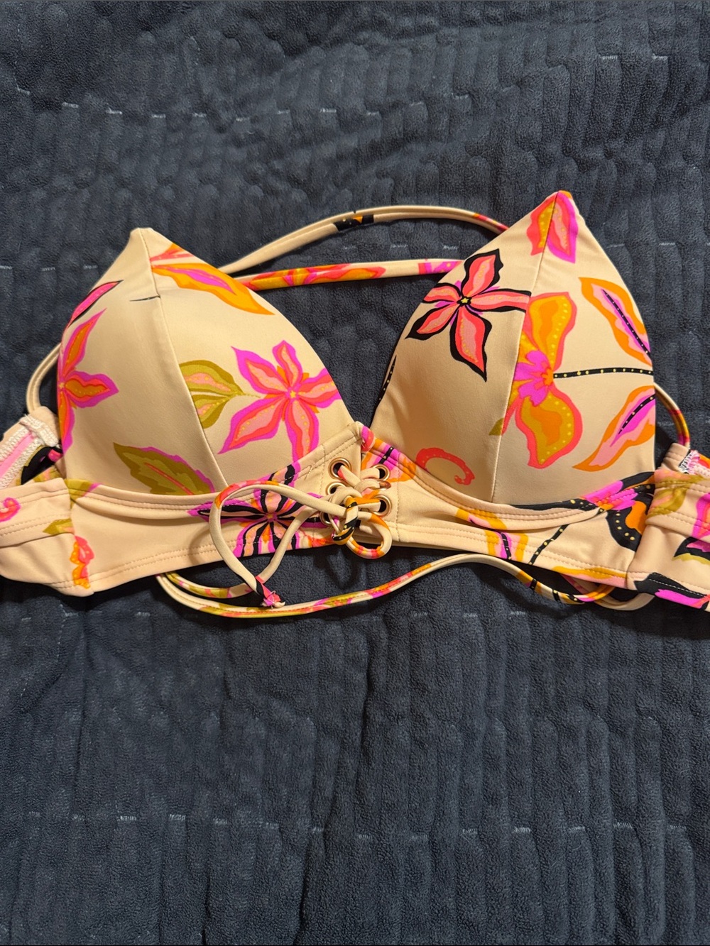 Hula Honey Floral Lace-Up Bikini Top in Peach and Neon